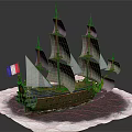 Exquisite Wooden Sailing Ship Model with White Sails and French Flag on Wave Base