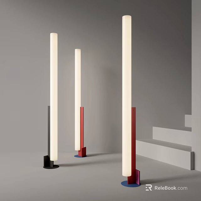 Modern Floor Lamps With Tall Cylindrical Poles And Different Colored Bases In Minimalist Interior 3d model 