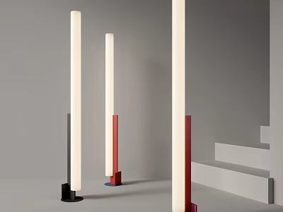 Modern Floor Lamps With Tall Cylindrical Poles And Different Colored Bases In Minimalist Interior 3d model