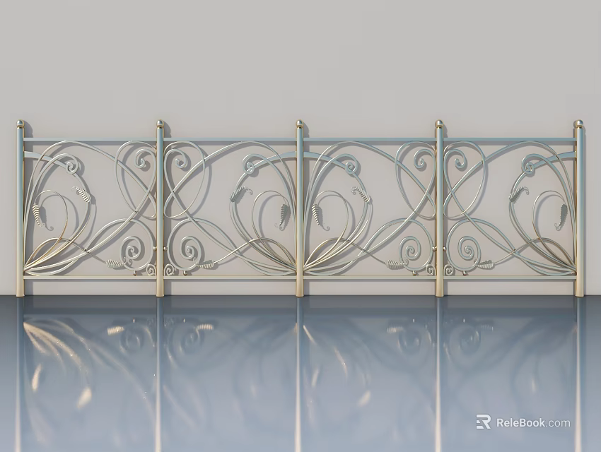 Modern Metal Swing Door With Ornate Scroll Design And Reflective Floor Surface 3d model 