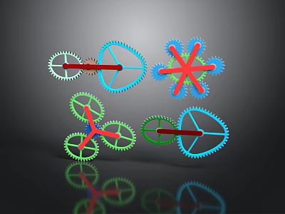 Colorful Mechanical Gear System With Interconnected Gears And Reflective Background 3d model