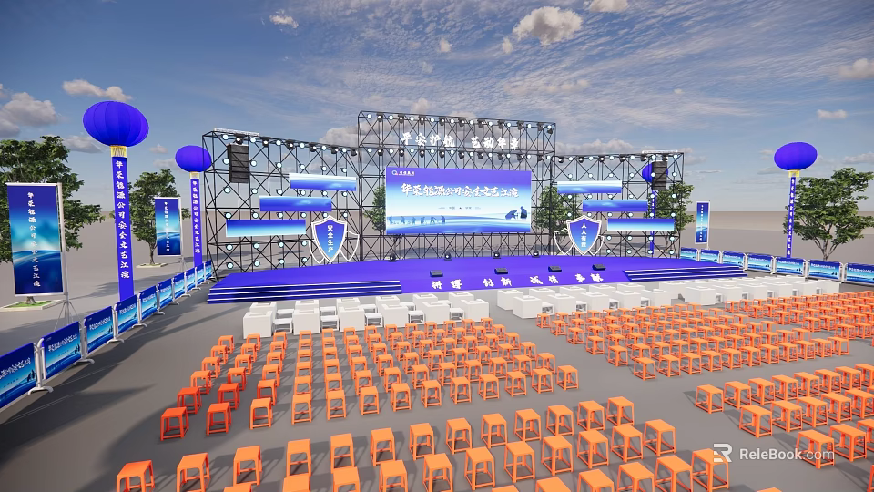 Large Outdoor Event Venue With Stage Setup Orange Chairs Blue Banners And Decorations 3d model 