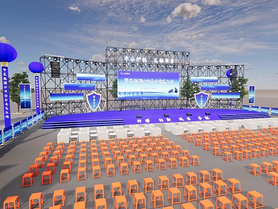 Large Outdoor Event Venue With Stage Setup Orange Chairs Blue Banners And Decorations 3d model