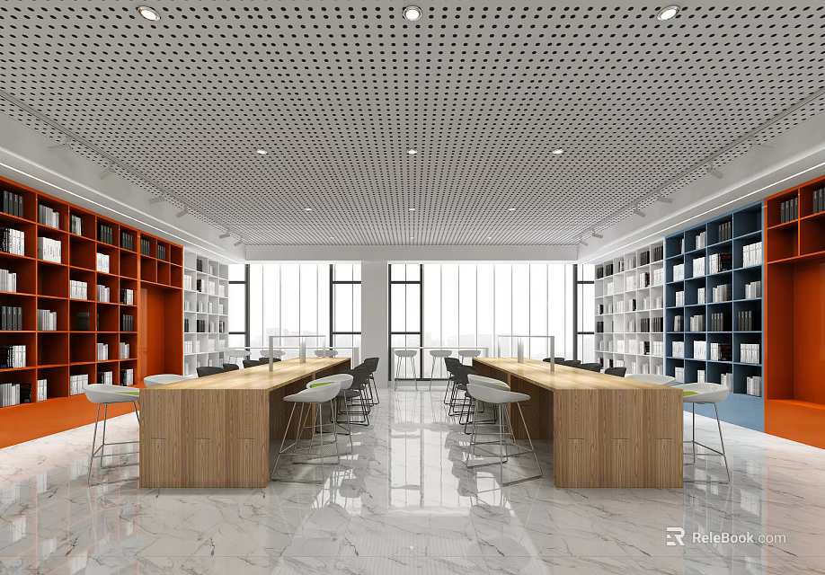 Modern Library Leisure Area Open Space With Bookshelves Long Tables Chairs Large Windows Marble Floor 3d model 