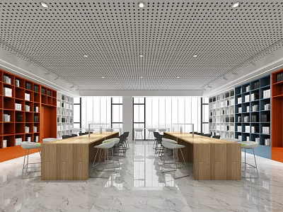 Modern Library Leisure Area Open Space With Bookshelves Long Tables Chairs Large Windows Marble Floor 3d model