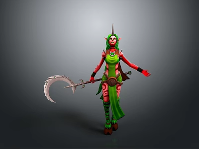 Fantasy Female Elf Character With Green Skin And Scythe Weapon 3d model