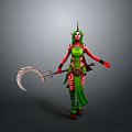 Fantasy Female Elf Character With Green Skin And Scythe Weapon