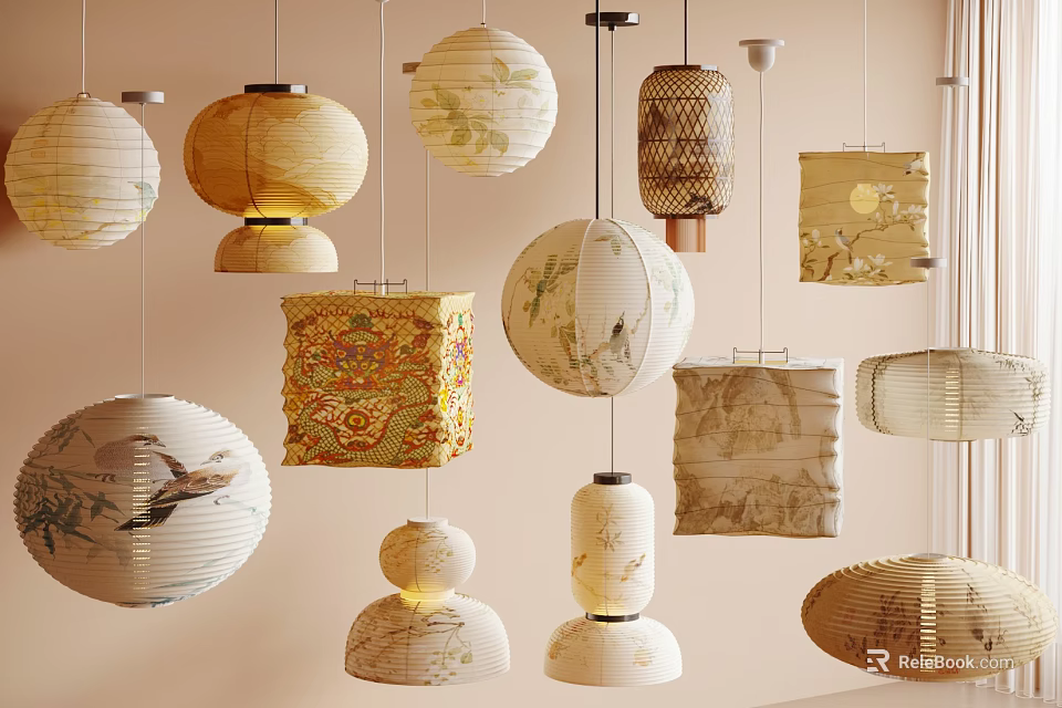 Different Styles of Hanging Lanterns with Decorative Designs and Traditional Patterns 3d model 