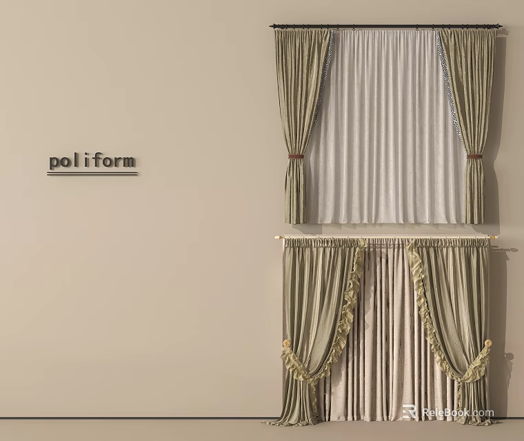 Elegant Modern Window Curtains With Double Layer Sheer And Pleated Drapery Ties 3d model 