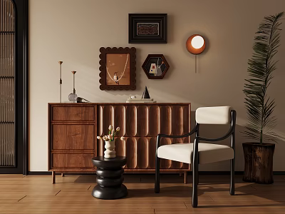 Cozy Accent Chair With Walnut Cabinet Decorative Wall Art And Potted Plant On Wooden Floor 3d model