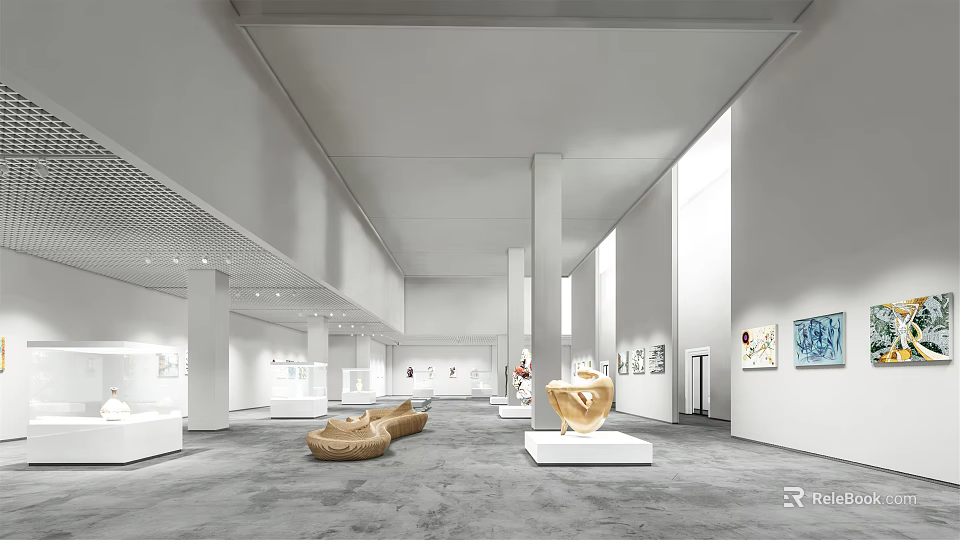 Spacious Art Gallery With White Walls Gray Floor Paintings Golden Sculpture And Sofa Seats 3d model 