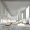 Spacious Art Gallery With White Walls Gray Floor Paintings Golden Sculpture And Sofa Seats