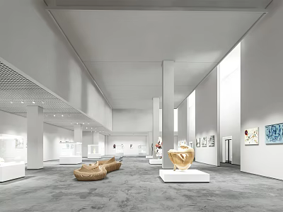 Spacious Art Gallery With White Walls Gray Floor Paintings Golden Sculpture And Sofa Seats 3d model