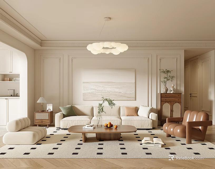 Elegant Living Dining Room Interior With Beige Sofa Brown Armchair Round Coffee Table And Chandelier 3d model 