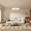 Elegant Living Dining Room Interior With Beige Sofa Brown Armchair Round Coffee Table And Chandelier