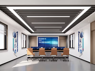 Tech Security Monitoring Room Interior Design With Large Screen Multiple Monitors Control Console And Chairs 3d model