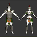 Man in white green orange armor with red feather helmet on gray background design