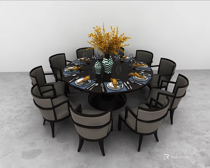 Elegant Round Dining Table Set with Chairs Tableware Yellow Flowers and Decorative Vases 3d model