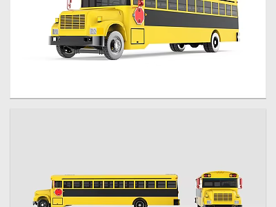Yellow School Bus Exterior With Black Windows Red Stop Sign Silver Wheels And Views 3d model