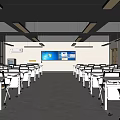 Modern School Classroom With Neatly Arranged White Desks Black Ceiling Beams Hanging Lights And Windows