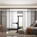 Modern Bedroom Interior Design With Grid Partition Treadmill Window Curtains And Area Rug