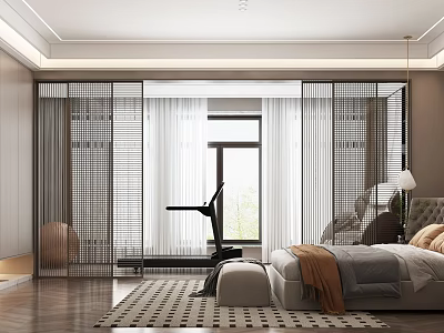 Modern Bedroom Interior Design With Grid Partition Treadmill Window Curtains And Area Rug 3d model