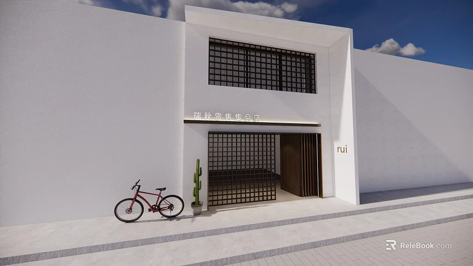 Modern Storefront Facade With White Wall Black Lattice Windows Brown Door Red Bicycle And Cactus 3d model 