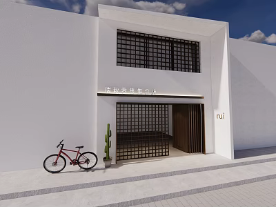 Modern Storefront Facade With White Wall Black Lattice Windows Brown Door Red Bicycle And Cactus 3d model