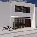 Modern Storefront Facade With White Wall Black Lattice Windows Brown Door Red Bicycle And Cactus