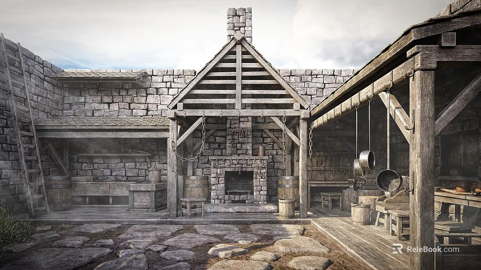 Traditional Industrial Workshop With Stone Walls Wooden Roof Chimney And Hanging Pots 3d model 