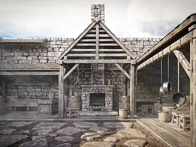 Traditional Industrial Workshop With Stone Walls Wooden Roof Chimney And Hanging Pots 3d model