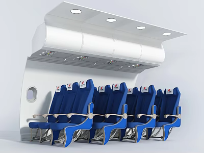 Blue Aircraft Cabin Public Chairs in Row with Overhead Compartments and Lighting 3d model