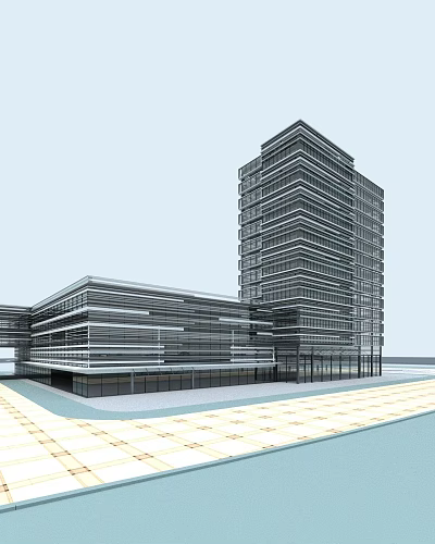 Modern High Rise Building With Glass Curtain Wall And Adjacent Low Rise Structure 3d model