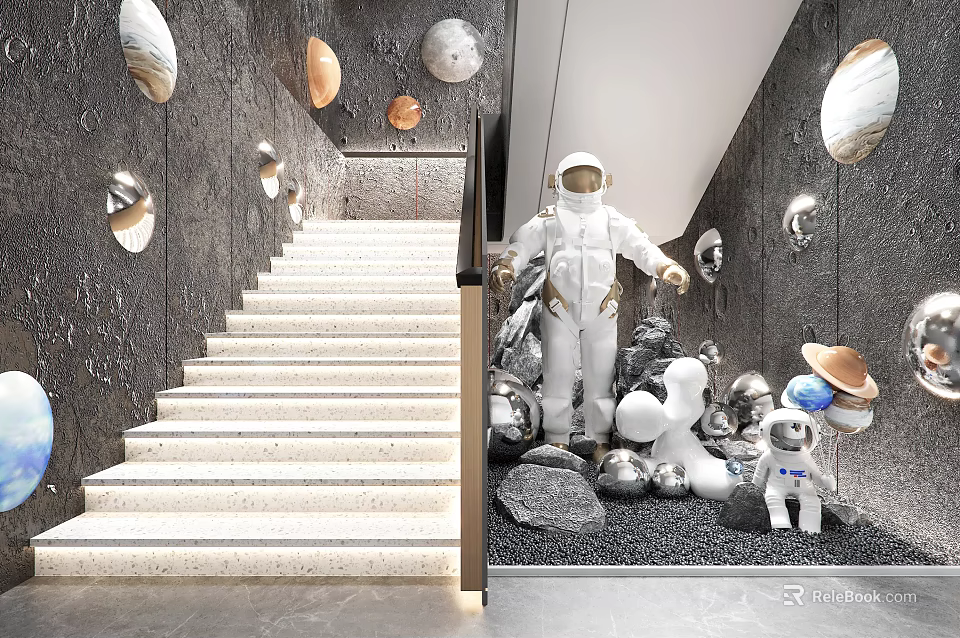 Space Theme Interior Decor With Planet Ornaments Astronaut Model And Staircase 3d model 