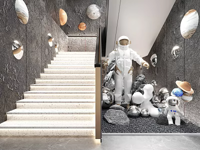 Space Theme Interior Decor With Planet Ornaments Astronaut Model And Staircase 3d model