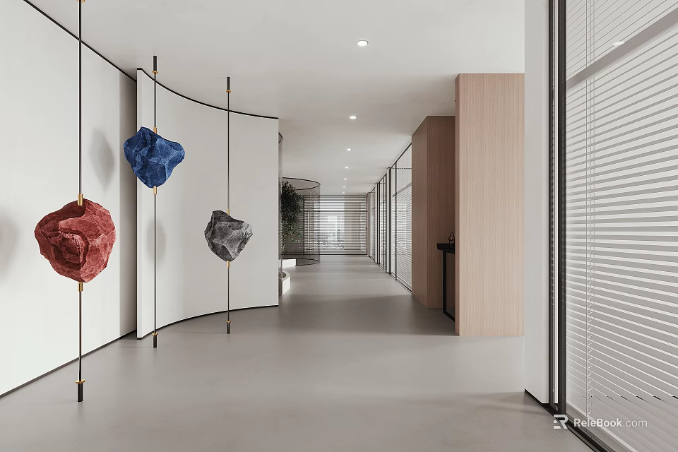 Modern Office Hallway Interior Design With Hanging Colorful Stone Decorations Wooden Partitions And White Walls 3d model 
