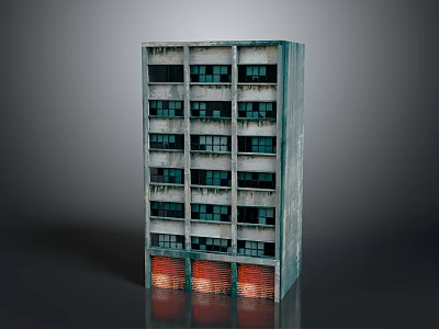 Multi Storey Aged Building Featuring Gray Facade Red Brick Base And Rows Of Windows 3d model