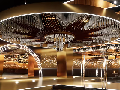 Elegant Modern Banquet Hall Interior With Crystal Chandelier And Golden Decorative Ceiling Design 3d model