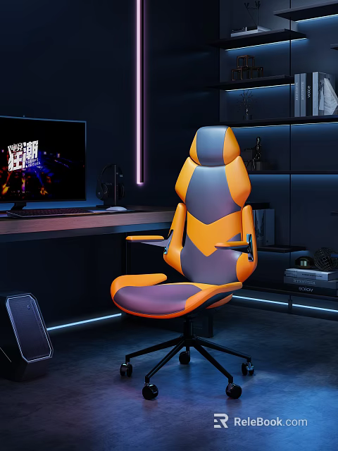 Ergonomic Orange And Gray Gaming Chair In Modern Home Office Setup With Computer Desk 3d model 