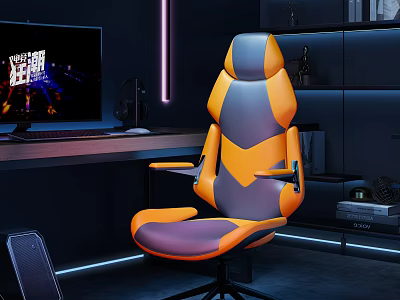 Ergonomic Orange And Gray Gaming Chair In Modern Home Office Setup With Computer Desk 3d model