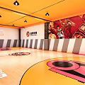 Basketball Court Interior With Orange Ceiling Red Orange Floor Basketball Hoops And Athlete Poster On Wall