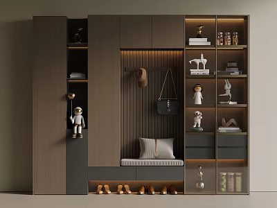 Modern Entryway Storage System With Hanging Hooks Bench Shoes And Decorative Figurines 3d model