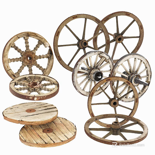 Vintage Wooden Cart Wheels And Rustic Stacked Discs For Decorative 3d model 