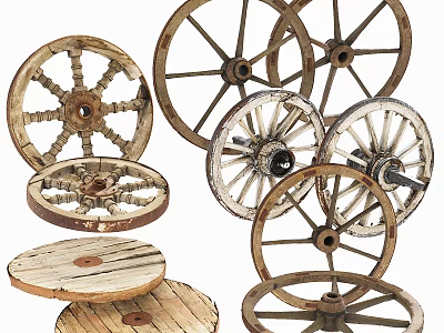 Vintage Wooden Cart Wheels And Rustic Stacked Discs For Decorative 3d model