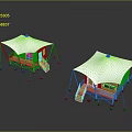 Camping Tents Featuring Wooden Platforms Stairs Support Poles And White Canopies