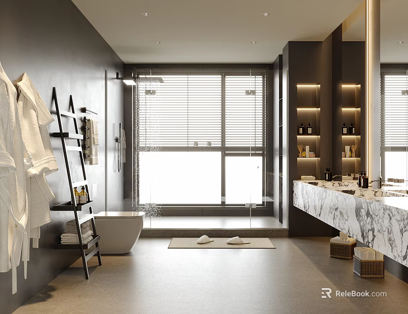 Modern Minimalist Bathroom Interior Design With Marble Vanity And Large Bright Window Shower Area 3d model 