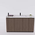 Modern Bathroom Vanity With Wooden Cabinet And Marble Countertop Faucet Toiletries Small Green Plant