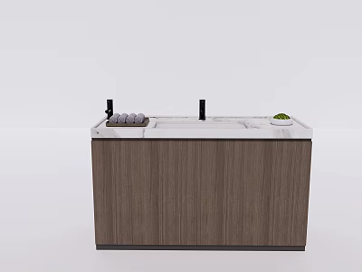 Modern Bathroom Vanity With Wooden Cabinet And Marble Countertop Faucet Toiletries Small Green Plant 3d model