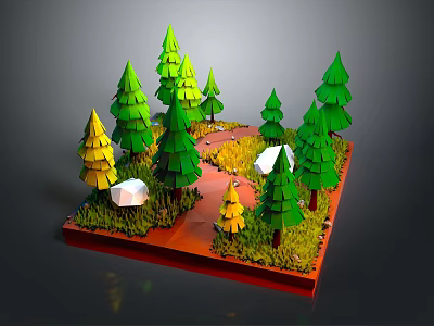 3D Forest Scene With Green Pine Trees Yellow Trees White Houses Red Ground And Grass 3d model