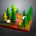 3D Forest Scene With Green Pine Trees Yellow Trees White Houses Red Ground And Grass